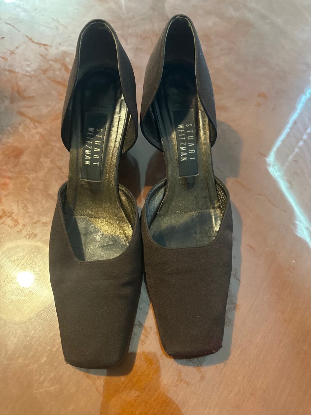 Stuart Weitzman Brown Satin Square Toe Slingback Heels Size 8